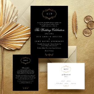 Invitation En Aluminium noir blanc classique or crête mariage monogramme
