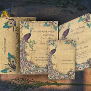 Invitation Damask Peacock Elegance Eggplant Gold et Aqua