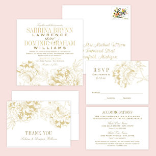 Invitation Elégant Mariage de tourbe Florale Champagne Gold