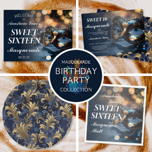 Invitation Mascarade en or bleu Anniversaire