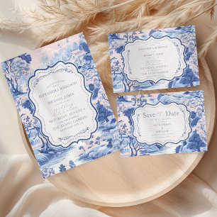 Invitation Bleu Blanc Chinoiserie Floral Porcelaine Mariage