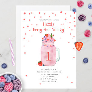 Invitation Berry Première fête d'anniversaire Smoothie rose