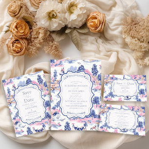 Invitation Elégant Baroque Bleu Jardin Français Floral Mariag