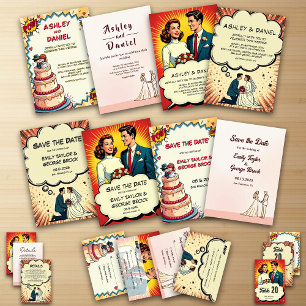 Invitation Mariage de style comique Retro Bride & Groom Pop