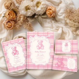 Invitation Coquette En vichy Baby shower d'ours en peluche fr