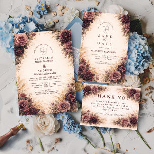 Carte De Remerciements Mariage d'automne floral bordeaux lunatique