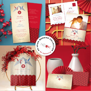Invitation Grues en papier rouge/bleu Origami 囍 Mariage chino