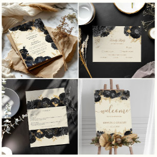 Aquarelle or noir Roses Faire-part de mariage