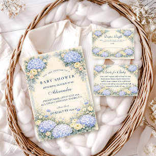 Invitation Baby Shower Fleurie Baroque Hydrangea Bleu Poussiè