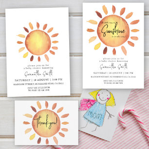 Invitation Aquarelle Joyeux Baby shower de soleil Jaune