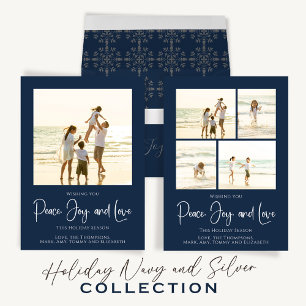 Ornement En Céramique Famille simple photo de Noël bleu marine