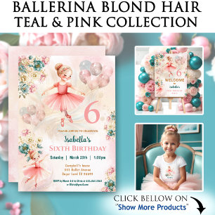 Invitation Rose Turquoise Floral Blond Ballerina Fille Annive