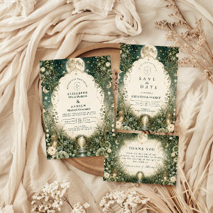Cartons Réponse Mariage céleste vert élégant