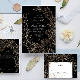 Invitation En Aluminium Mariage de couronne d'or à fleurs noires modifiabl