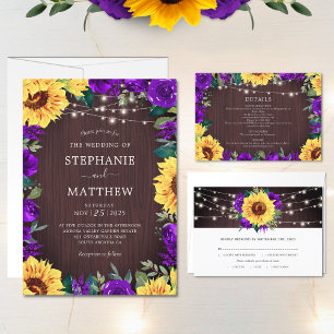Invitation Tournesol rustique violet lumières Mariage bois