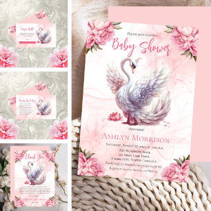 Carte De Remerciements Beau Swan rose Floral Baby shower fille