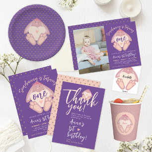 Invitation Anniversaire mignon Bunny Coeur pourpre Photo