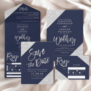 Invitation Mariage bleu marine typographie paillettes argenté