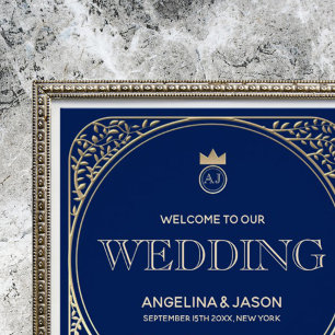 Invitation Mariage Monogramme Or Navy Luxe