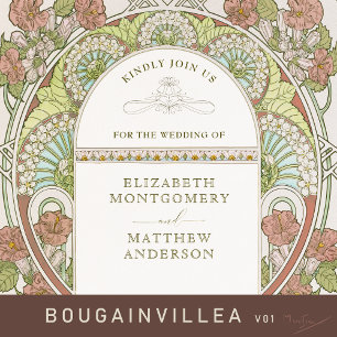 Invitation En Aluminium Bougainvillea Rouge or Mariage Art Nouveau Mucha