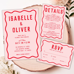 Invitation Mariage rétro brillant rouge rose brillant