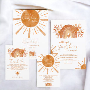 Invitation Boho arc-en-ciel petit soleil baby shower orange