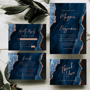 Cartons Réponse rose d'agate bleu marine Mariage de script or