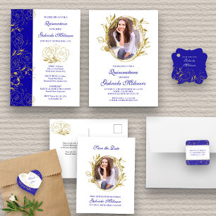 Invitation Elégante Royal Blue et Gold Photo Quinceanera