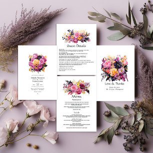 Invitation Mariage floral rose, violet, noir et or