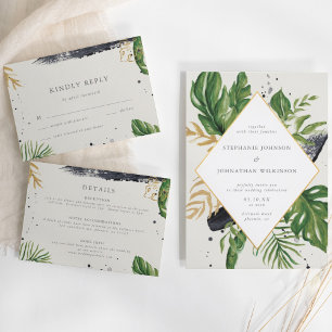 Invitation Aquarelle verte et or Mariage tropical