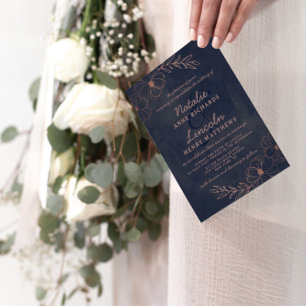 Invitation Marine Blue & Rose Gold Foil Floral encadré Mariag
