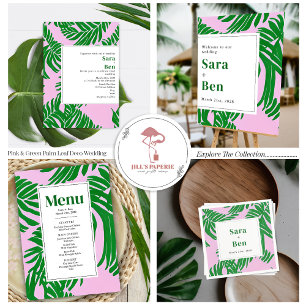 Invitation Tout En Un Mariage moderne rose + vert plage Code QR RSVP