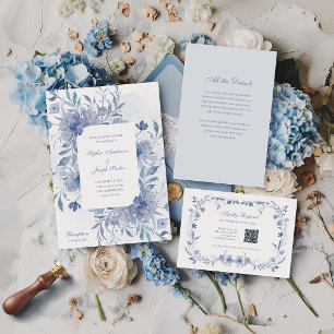 Invitation Elégante Dusty Blue Chinoiserie Floral Mariage