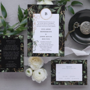 Invitation Cercles d'or noirs Premium Monogramme Eucalyptus