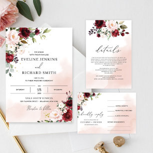 Invitation Boho burgundy rose pâle mariage brunch