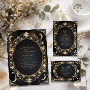 Invitation Tarot Celestin Mariage Sun Moon Stars Gold