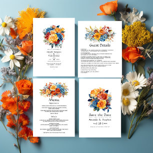 Invitation Mariage floral bleu, orange, jaune et rouge