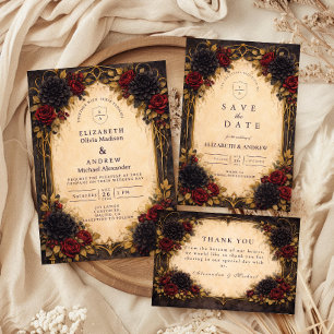 Save The Date Rouge Foncé Floral Baroque Mariage