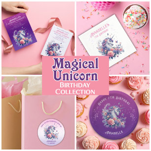 Sticker Rond Cute Unicorn Floral Rose Purple Girl Anniversaire