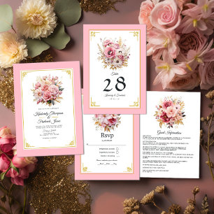 Cartons Réponse Mariage de fleurs rose et or
