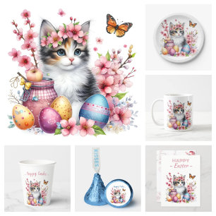 Carte Postale Oeufs de Pâques Aquarelle Kitten Fleurs de cerisie
