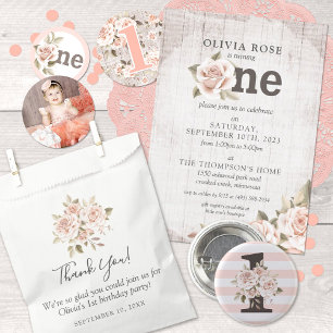 Invitation 1er anniversaire Rustic Wood Shabby Chic Rose Flor