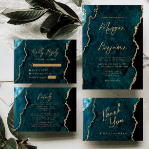 Carte Merci de Mariage de script d'agate d'or bleu turqu