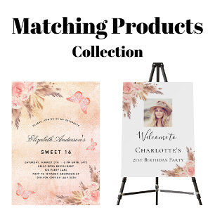 Invitation Carte Postale Sweet 16 papillon pampas herbe blush