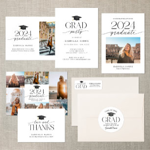 Sticker Rond Casquette de graduation moderne en noir et blanc