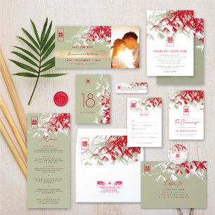 Invitation Rouge & Moss Gris Bambou Feuille Mariage chinois R