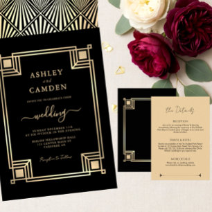 Invitation Mariage noir cadre or élégant Art déco