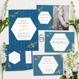 Honey Bee Turquoise Gold Custom Wedding Invitation