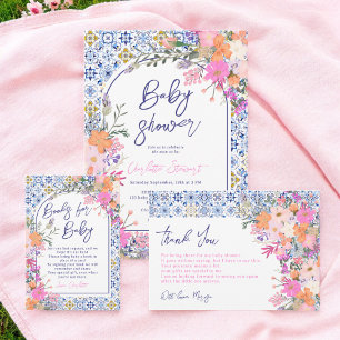 Carte D'accompagnement Carreaux bleu italien livres floraux pour baby sho