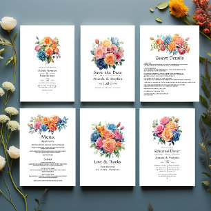 Invitation Mariage floral bleu, rose, orange et vert